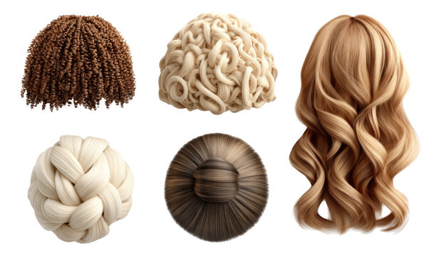Various Stylish Hair Textures and Styles on Transparent Background