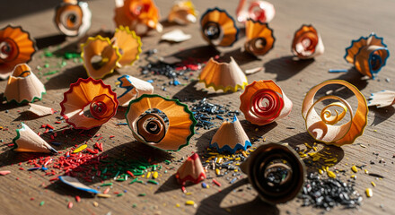 Vibrant, colorful pencil shavings scattered on a warm wooden desk.
An overhead, close-up shot of colorful pencil shavings and crayon debris scattered randomly across a textured