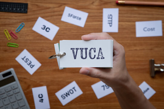There is word card with the word VUCA. It is an abbreviation for Volatility, Uncertainty, Complexity, Ambiguity as eye-catching image.