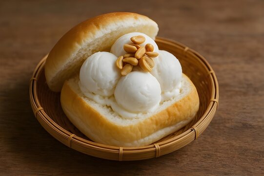 I-Tim Kati (Thai Coconut Ice Cream) Served in a Sweet Bread Bun Topped with Peanuts in a Woven Bamboo Basket