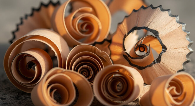 Natural Wood Curls: Organic Patterns from Sharpened Pencils
A detailed, low-angle macro shot captures a dense cluster of large, beautiful wood pencil shavings - Powered by Adobe