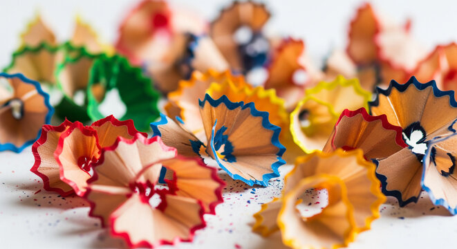 Creative Textures: Close-up of Colorful Pencil Wood Shavings
A striking, shallow depth of field close-up shot focuses on a collection of textured, curled wood shavings from sharpened colored pencils