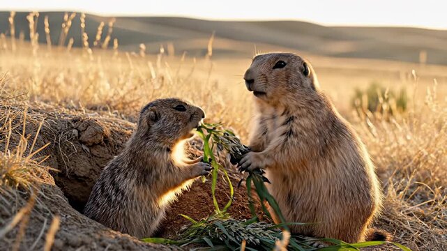 Two adult ground squirrels peacefully grazing in a sun drenched prairie field, surrounded by lush green grass, perfectly capture the concept of simplicity, harmony with nature.