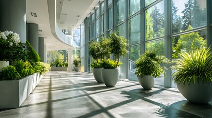 Modern interior space features a long corridor adorned with abundant greenery beside expansive glass walls overlooking natural foliage