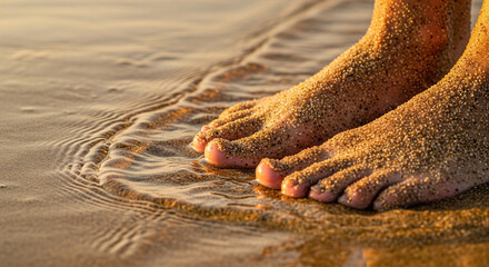 Sun-drenched feet covered in sand at the ocean's reflective edge.
An extreme close-up shot capturing a pair of bare feet heavily dusted with wet, golden sand, positioned at the shallow edge of a gentl