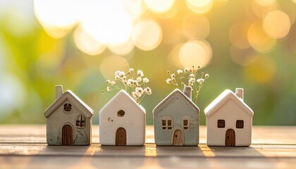 Miniature homes with flowers in vases against a sunlit blurred background