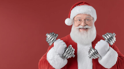 Santa Claus lifting dumbbells on red background — fitness and gym Christmas promotion