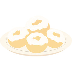 Four frosted donuts piled on a cream colored plate with a pale yellow background and a transparent background featuring white icing swirled on top of round pastries