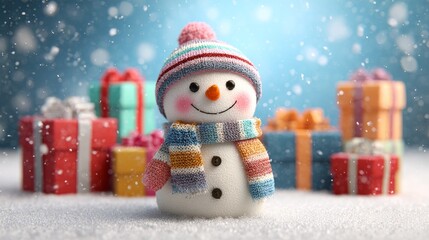 Cute Snowman with Colorful Christmas Gifts in Snowfall