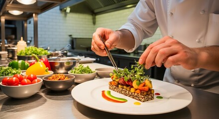Culinary Artistry: A chef meticulously plates a gourmet dish, embodying the dedication to culinary finesse. The scene evokes an ambiance of refined taste and culinary creation.