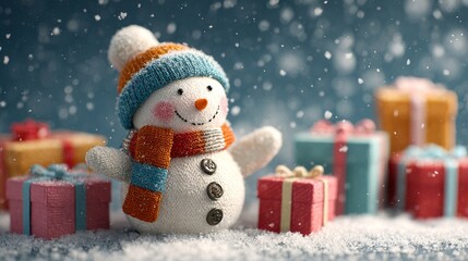 Cute Snowman with Colorful Christmas Gifts in Snowfall