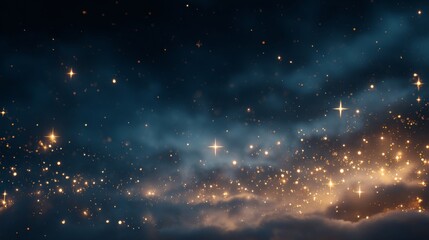 Magical Night Sky with Golden Stars and Glowing Light Particles