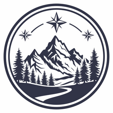 Mountain Landscape Emblem with Compass Stars and Pine Trees logo symbol