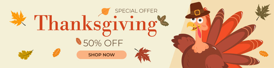 Thanksgiving Sale Banner &ndash; Cartoon Turkey, Autumn Leaves and Festive Typography for Seasonal Promotions and Holiday Advertising