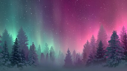 Colorful Aurora Borealis Over Snowy Pine Forest at Night
