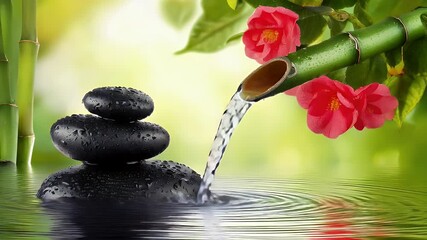 Zen garden bamboo fountain with stones and flowers calm relaxation spa - Powered by Adobe