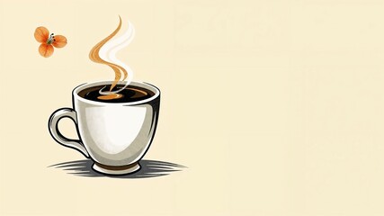 Obraz premium Drawing of a steaming coffee cup on a light beige background, logo-styled with copy space for text 