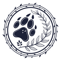 Paw Print Emblem with Laurel Wreath and Leaves animal wildlife