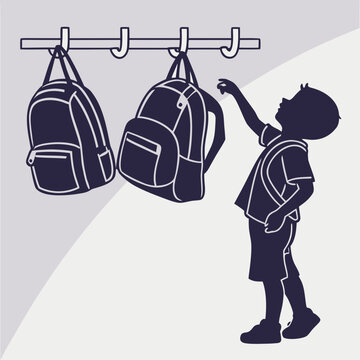 Boy reaching for backpack hanging on hooks in a hallway silhouette Keywords: boy, child, student