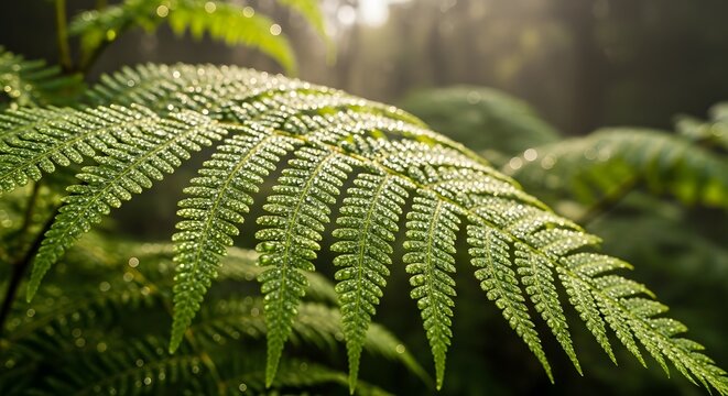 Fern's Embrace: a close-up shot of a single fern frond, with focus on the intricate details and the fresh vibrant green leaves in the natural light - Powered by Adobe