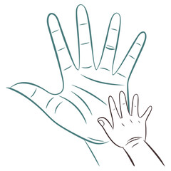 Large Teal Hand Outline Embracing a Small Brown Baby Hand adult child