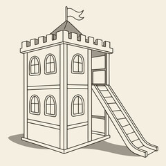 Cartoon castle playhouse with slide and flag on roof playground