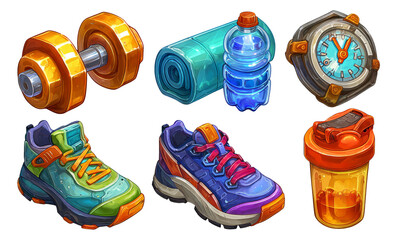 Colorful Fitness Equipment Collection with Dumbbell, Water Bottle, and Sneakers