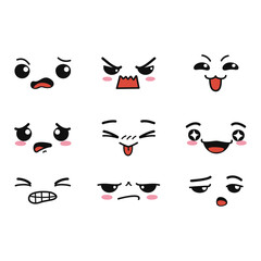 Collection of diverse hand-drawn cartoon faces expressing a wide range of human emotions and reactions