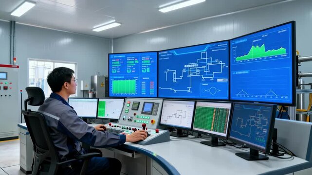 Operator monitors multiple screens in a bright biomass plant control room during daytime overseeing energy production and system efficiency.