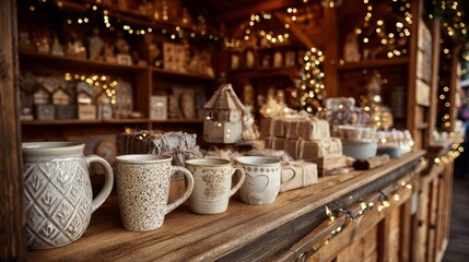 Cozy Christmas Market Stall with Festive Mugs and Holiday Decorations