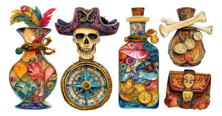 Fototapeta premium Colorful Pirate-Themed Elements with Decorative Objects and Symbols of Adventure