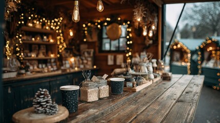 Cozy Christmas Market Stall with Festive Mugs and Holiday Decorations