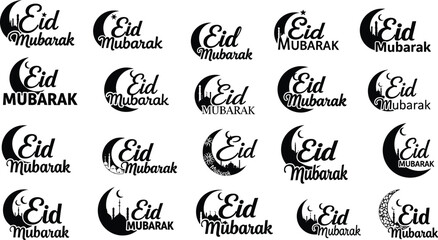 Eid mubarak calligraphy collection with crescent moon symbols isolated on white background, Vector, illustration