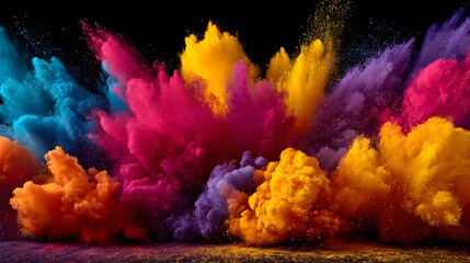 Vibrant clouds of multi-colored powder erupt dramatically against a deep black background