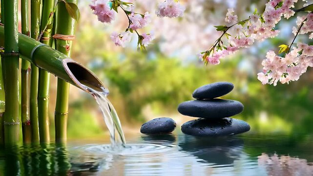 Zen garden serenity bamboo fountain with cherry blossoms and stones