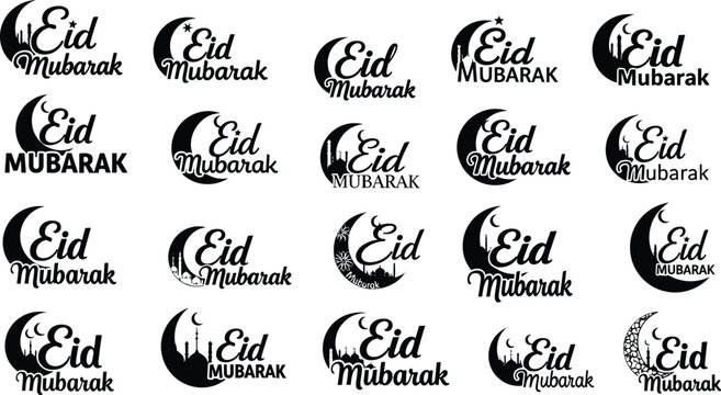 Eid mubarak calligraphy collection with crescent moon symbols isolated on white background, Vector, illustration