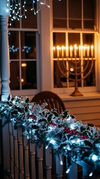 Lit menorah in window and festive holiday garland with berries. Warm indoor light and glowing outdoor lights create a peaceful night scene. Vertical video