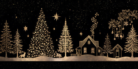 Elegant Christmas night scene featuring golden trees, houses and starry sky. Holiday season concept.