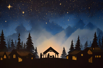 Peaceful Christmas night illustration displaying the Nativity scene under starry sky. Religious concept.