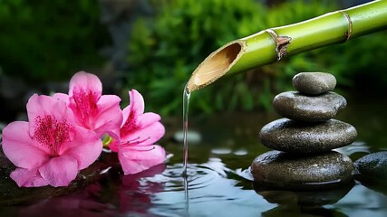 Zen garden serenity still life with bamboo fountain and pink flower blossom