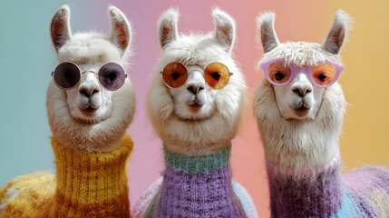 Obraz premium Three fluffy white animals wearing colorful knit sweaters and stylish eyewear pose for a portrait