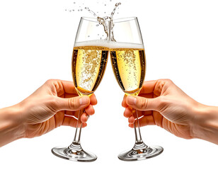 Hands clink glasses of bubbly champagne, celebrating joyfully