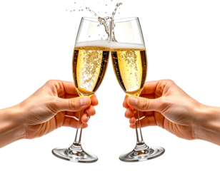 Hands clink glasses of bubbly champagne, celebrating joyfully