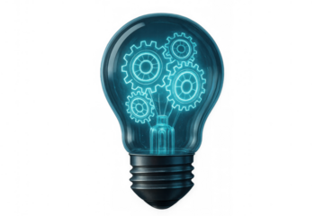 Lightbulb with glowing gears inside developing a new idea and innovation process, transparent background