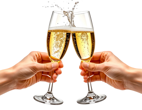 Hands clink glasses of bubbly champagne, celebrating joyfully