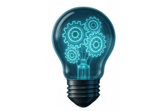Lightbulb with glowing gears inside developing a new idea and innovation process, transparent background