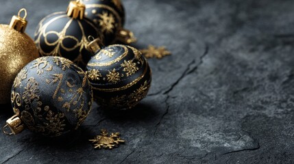 Luxury Black and Gold Christmas Ornaments on Dark Background