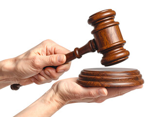 Judge's wooden gavel striking block with hands