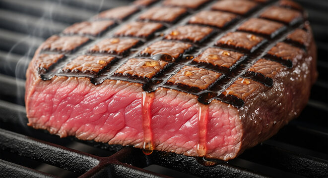 Medium-Rare Steak Sizzling on Grill with Juice Dripping
A highly appetizing, close-up photograph of a thick, perfectly grilled beef steak, likely a filet mignon or sirloin, resting on a hot black