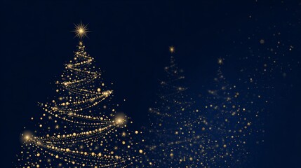 Elegant Golden Light Christmas Tree on Dark Blue Background
